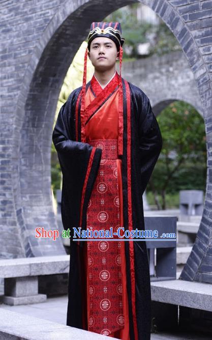 Traditional Chinese Han Dynasty Emperor Hanfu Costume Wedding Red Long Robe, China Ancient Bridegroom Clothing for Men