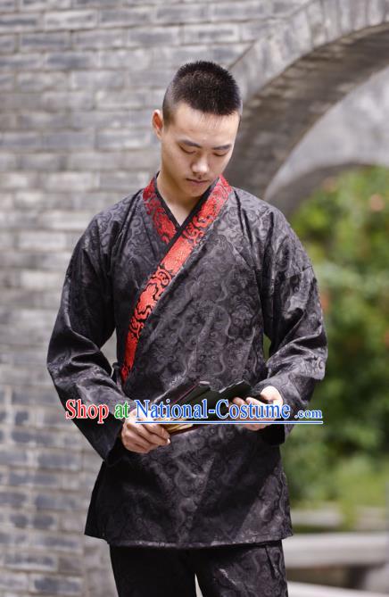 Traditional Chinese Han Dynasty Nobility Childe Hanfu Costume Slant Opening Black Shirt, China Ancient Martial Arts Upper Garment Clothing for Men