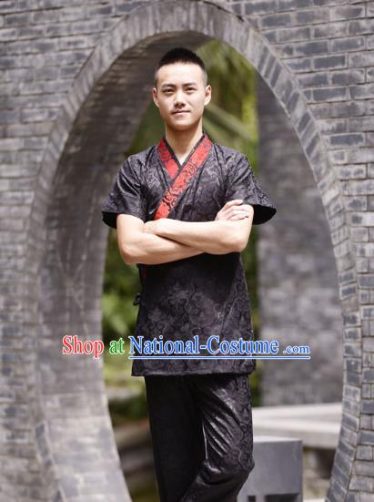 Traditional Chinese Han Dynasty Nobility Childe Hanfu Costume Slant Opening Black Satin Shirt, China Ancient Martial Arts Upper Garment Clothing for Men