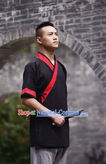 Traditional Chinese Han Dynasty Nobility Childe Hanfu Costume Slant Opening Black Linen Shirt, China Ancient Martial Arts Upper Garment Clothing for Men