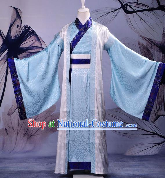 Traditional Chinese Han Dynasty Nobility Childe Hanfu Costume Blue Long Robe, China Ancient Minister Scholar Clothing for Men