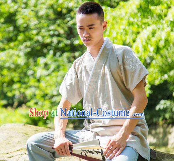 Traditional Ancient Chinese National Costume Hanfu Beige Shirts, China Tang Suit Upper Outer Garment Embroidery Clothing for Men