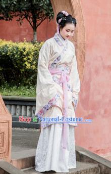 Traditional Chinese Han Dynasty Young Lady Costume, China Ancient Hanfu Dress Imperial Concubine Embroidery Clothing for Women