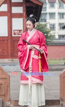 Traditional Chinese Han Dynasty Palace Princess Wide Sleeve Costume, China Ancient Hanfu Watermelon Red Dress Imperial Concubine Embroidery Clothing for Women