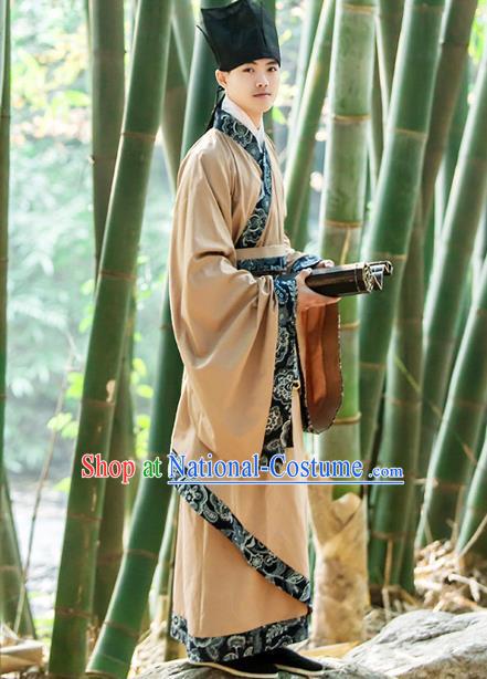 Traditional Chinese Han Dynasty Nobility Childe Hanfu Costume, China Ancient Scholar Curve Bottom Long Robe Clothing for Men