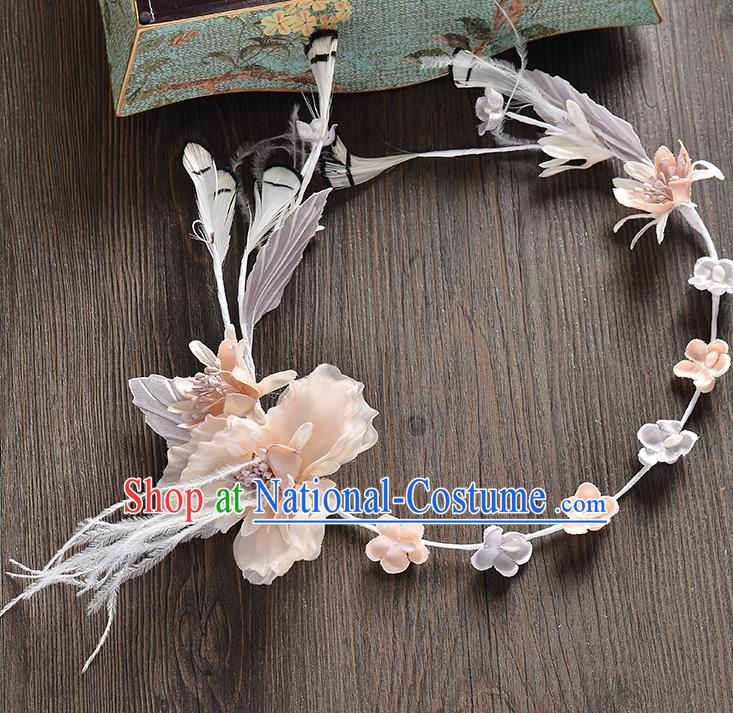 Top Grade Handmade Chinese Classical Hair Accessories Baroque Style Light Pink Flowers Feather Garland, Bride Hair Sticks Hair Clasp for Women