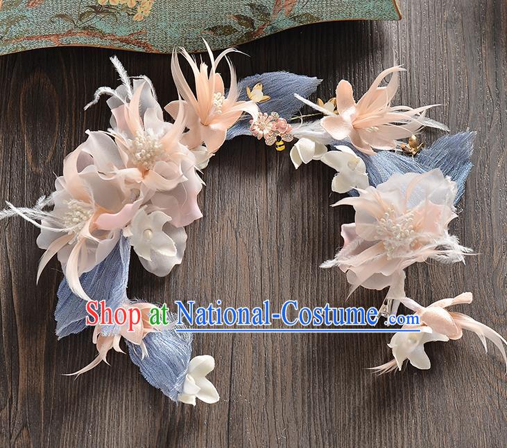 Top Grade Handmade Chinese Classical Hair Accessories Baroque Style Pink Flowers Feather Garland, Bride Hair Sticks Hair Clasp for Women