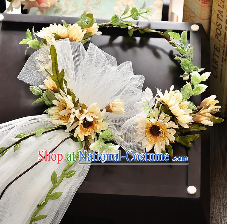 Top Grade Handmade Chinese Classical Hair Accessories Baroque Style Wedding Yellow Flowers Headband and Veil, Bride Hair Sticks Hair Clasp for Women