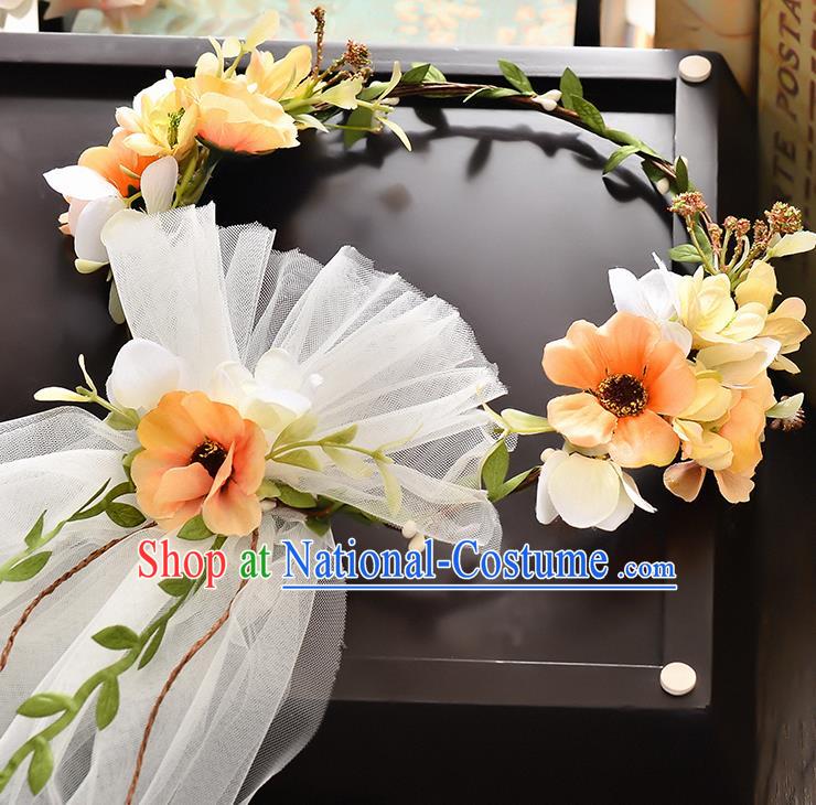 Top Grade Handmade Chinese Classical Hair Accessories Baroque Style Wedding Orange Flowers Headband and Veil, Bride Hair Sticks Hair Clasp for Women