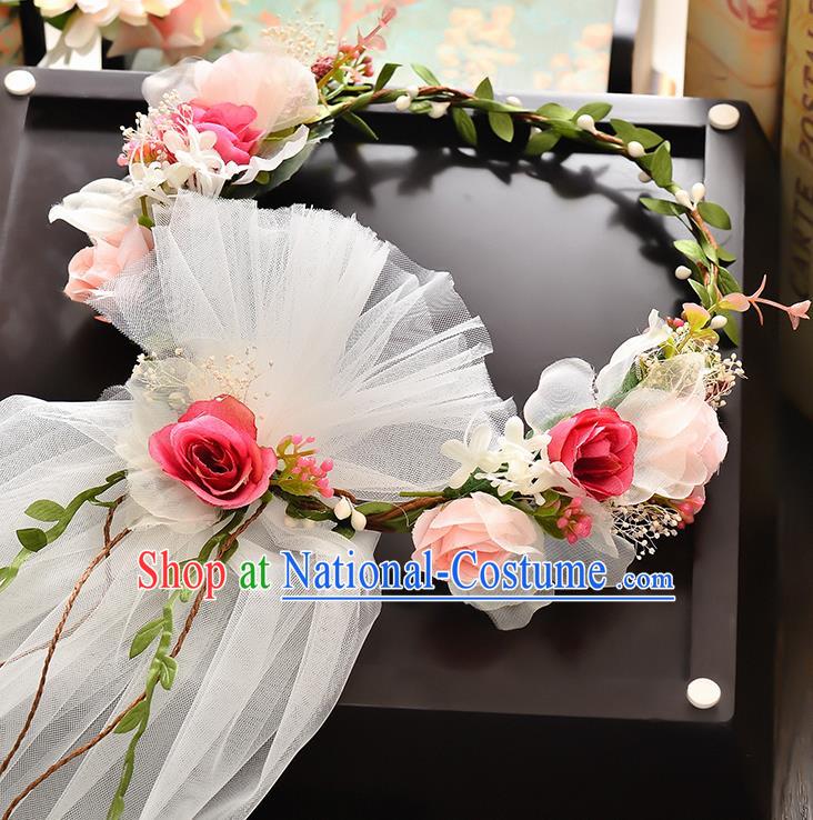 Top Grade Handmade Chinese Classical Hair Accessories Baroque Style Wedding Rosy Flowers Headband and Veil, Bride Hair Sticks Hair Clasp for Women