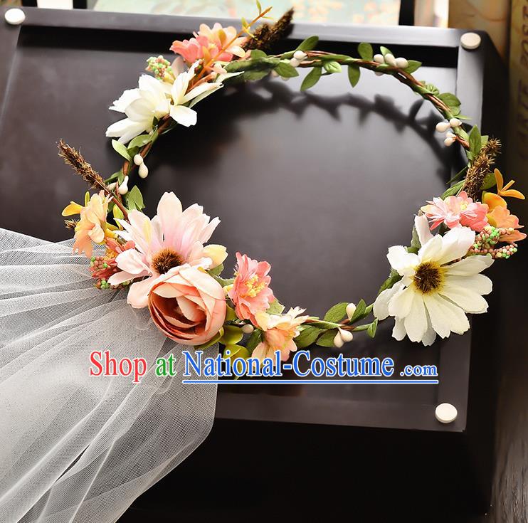 Top Grade Handmade Chinese Classical Hair Accessories Baroque Style Wedding White Flowers Headband and Veil, Bride Hair Sticks Hair Clasp for Women