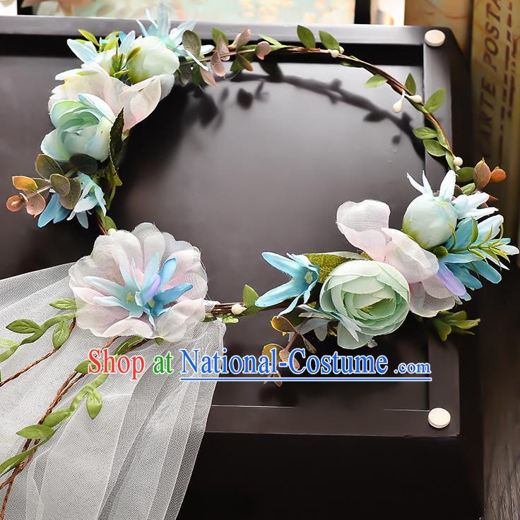 Top Grade Handmade Chinese Classical Hair Accessories Baroque Style Wedding Blue Flowers Headband and Veil, Bride Hair Sticks Hair Clasp for Women