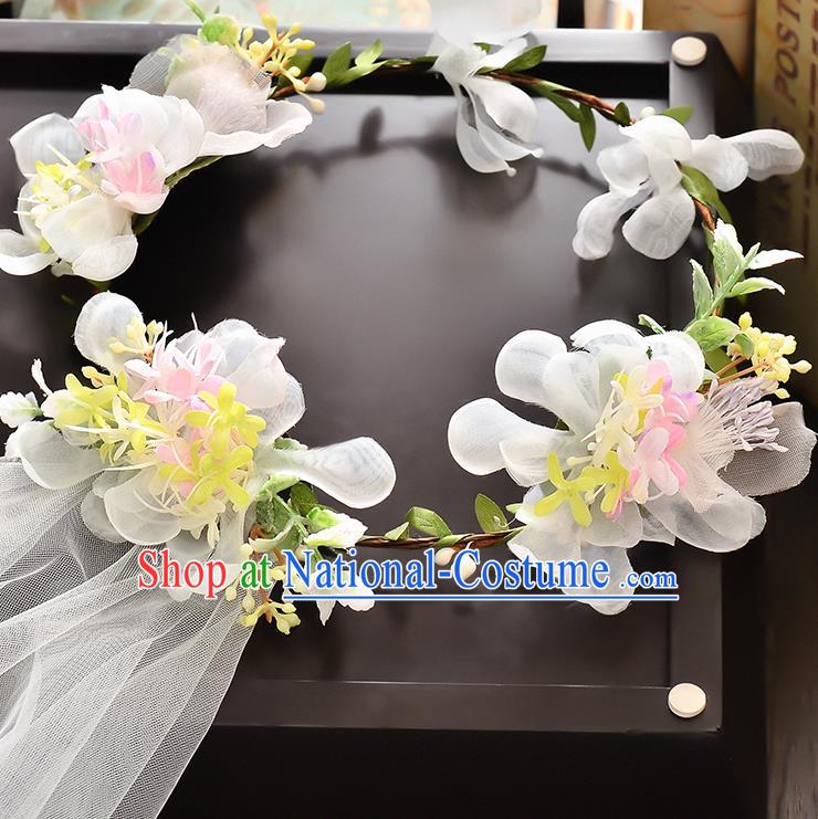 Top Grade Handmade Chinese Classical Hair Accessories Baroque Style Wedding White Flowers Headband and Veil, Bride Hair Sticks Hair Clasp for Women