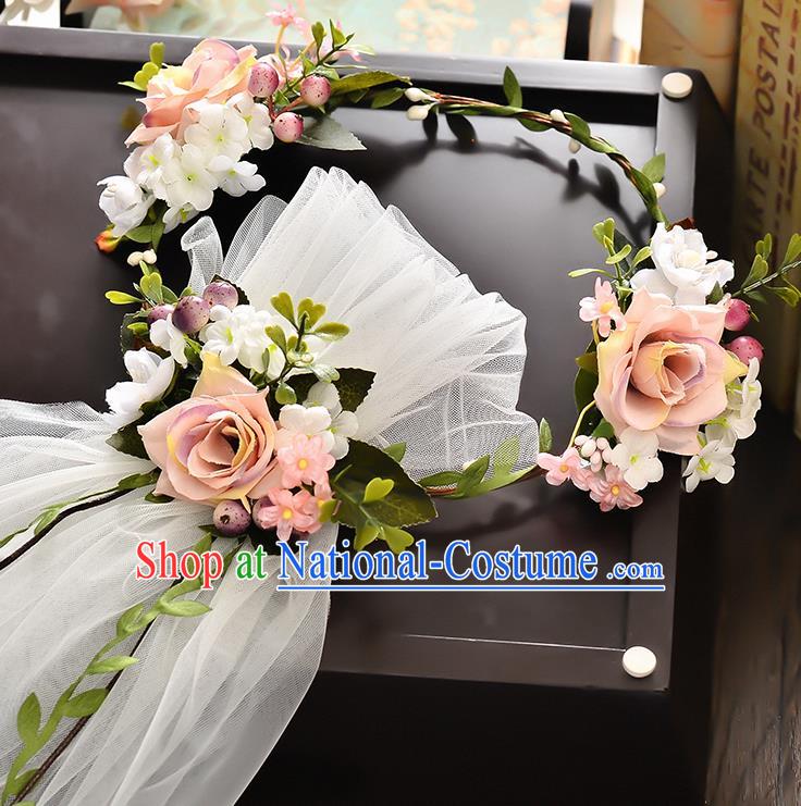 Top Grade Handmade Chinese Classical Hair Accessories Baroque Style Wedding Pink Flowers Headband Garland and Veil, Bride Hair Sticks Hair Clasp for Women