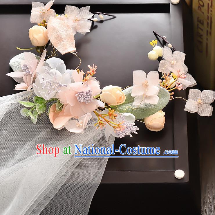 Top Grade Handmade Chinese Classical Hair Accessories Baroque Style Wedding Pink Flowers Garland and Veil, Bride Hair Sticks Hair Clasp for Women