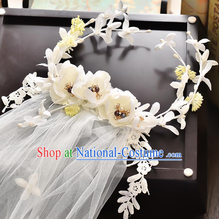 Top Grade Handmade Chinese Classical Hair Accessories Baroque Style Wedding White Lace Flowers Garland and Veil, Bride Hair Sticks Hair Clasp for Women