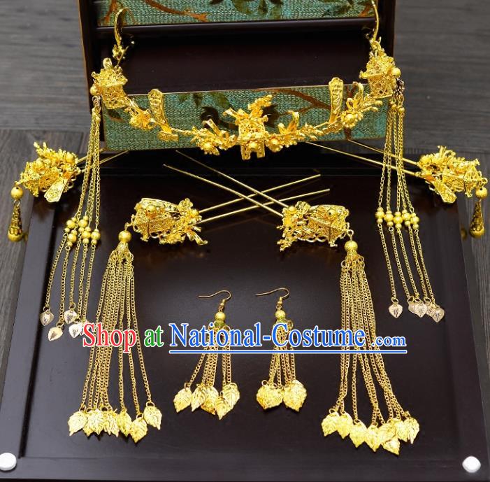 Traditional Handmade Chinese Ancient Classical Hair Accessories Xiuhe Suit Golden Tassel Hairpin Phoenix Coronet Complete Set, Hair Sticks Hair Jewellery Hair Fascinators for Women