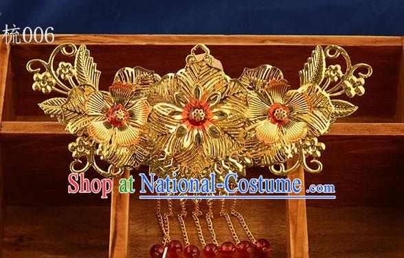 Traditional Handmade Chinese Ancient Classical Hair Accessories Xiuhe Suit Golden Tassel Hair Comb, Hair Sticks Hair Jewellery Hair Fascinators for Women