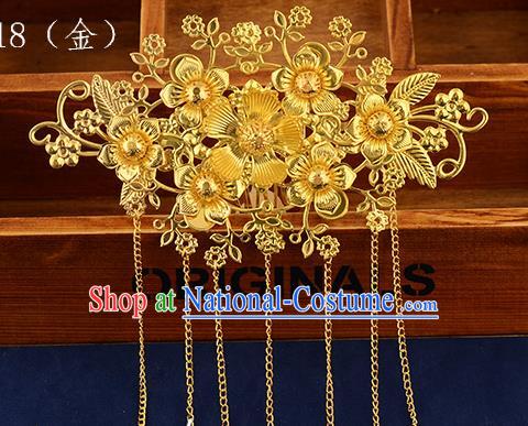 Traditional Handmade Chinese Ancient Classical Hair Accessories Xiuhe Suit Golden Tassel Hair Comb, Hair Sticks Hair Jewellery Hair Fascinators for Women