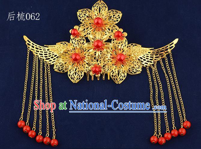 Traditional Handmade Chinese Ancient Classical Hair Accessories Xiuhe Suit Golden Flowers Tassel Hair Comb, Hair Sticks Hair Jewellery Hair Fascinators for Women