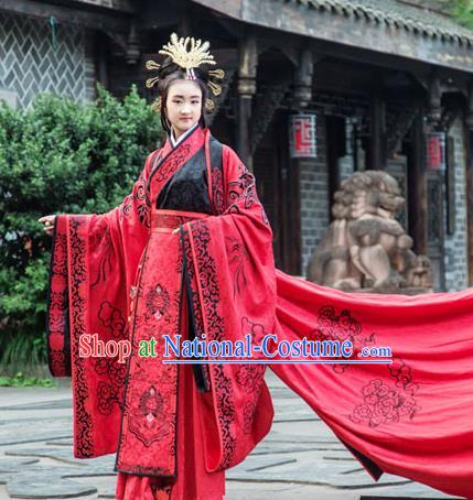 Traditional Chinese Han Dynasty Princess Hanfu Wedding Costume, China Ancient Red Dress Palace Queen Peri Embroidery Clothing for Women