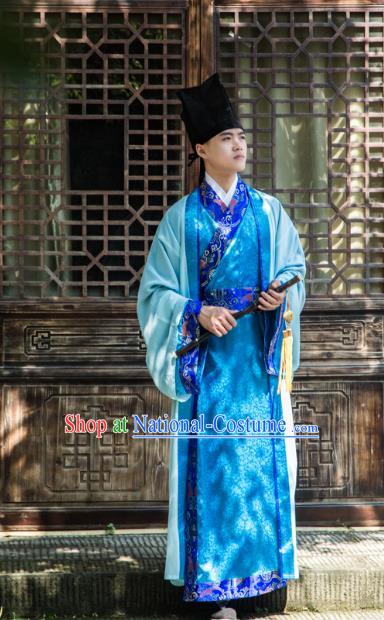 Traditional Chinese Han Dynasty Prince Hanfu Costume Blue Long Robe, China Ancient Scholar Embroidery Clothing for Men