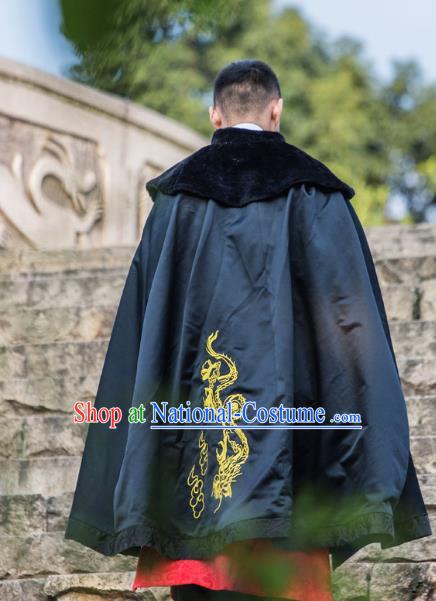 Traditional Chinese Han Dynasty Prince Hanfu Costume Black Cloak, China Ancient Scholar Embroidery Cape Clothing for Men