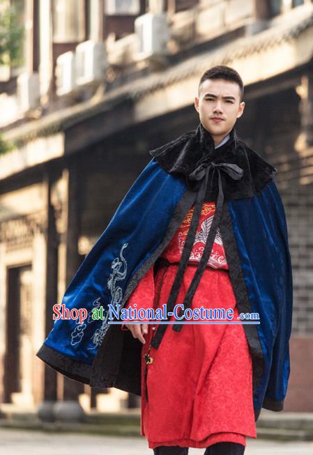 Traditional Chinese Han Dynasty Prince Hanfu Costume Blue Cloak, China Ancient Scholar Embroidery Cape Clothing for Men