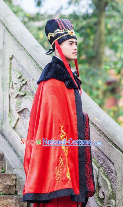 Traditional Chinese Han Dynasty Prince Hanfu Costume Red Cloak, China Ancient Scholar Embroidery Cape Clothing for Men