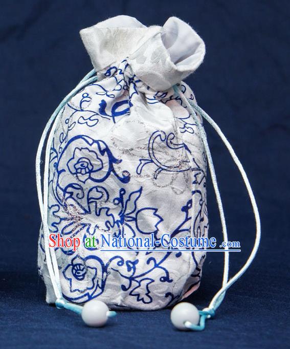 Traditional Handmade Chinese Ancient Young Lady Pouch White Handbags, China Hanfu Embroidery Linen Sachet for Women