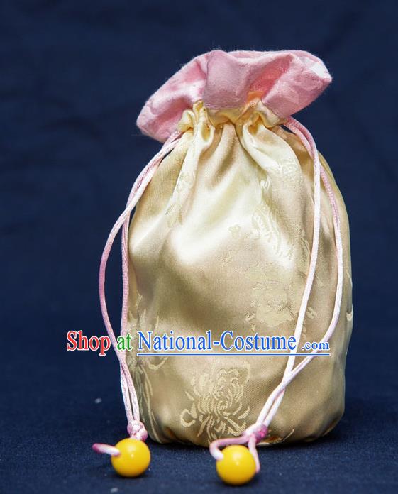 Traditional Handmade Chinese Ancient Young Lady Pouch Yellow Handbags, China Hanfu Embroidery Satin Sachet for Women