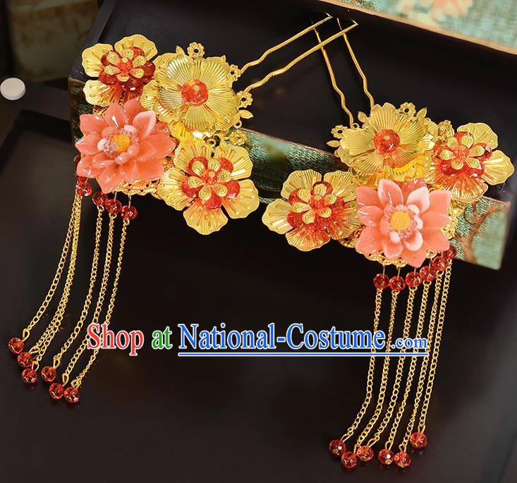 Traditional Handmade Chinese Ancient Classical Hair Accessories Barrettes Hanfu Hairpin Pink Flower Tassel Step Shake, Bride Hair Fascinators Hairpins for Women