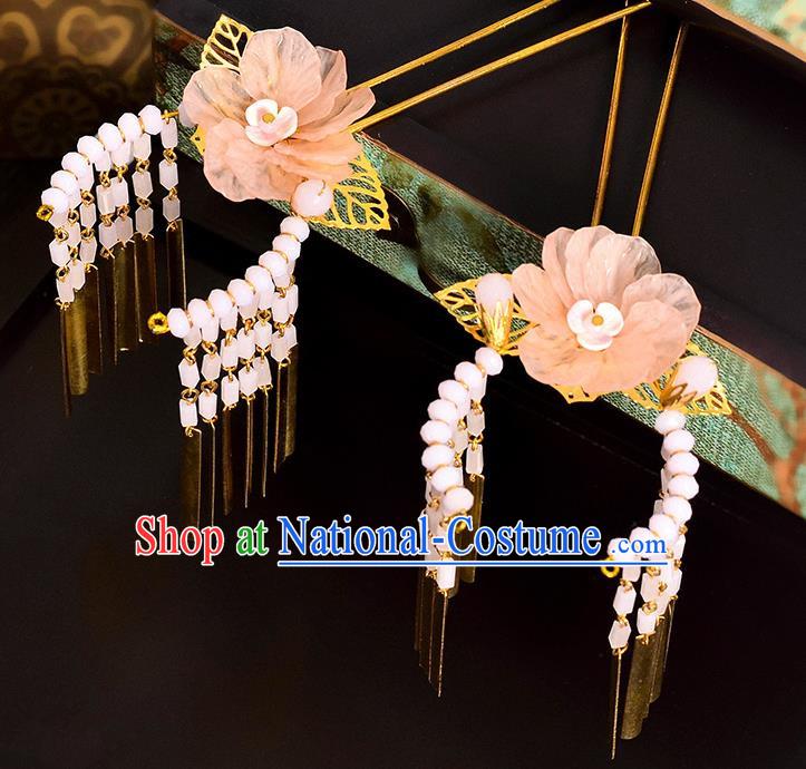 Traditional Handmade Chinese Ancient Classical Hair Accessories Barrettes Hanfu Hairpin Pink Silk Flower Tassel Step Shake, Bride Hair Fascinators Hairpins for Women