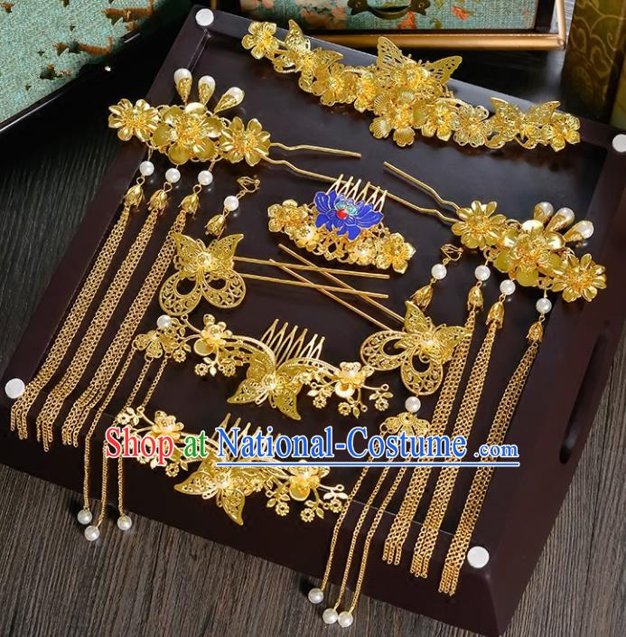 Traditional Handmade Chinese Ancient Classical Hair Accessories Xiuhe Suit Cloisonn Golden Tassel Hairpin Phoenix Coronet Complete Set, Hair Sticks Hair Jewellery Hair Fascinators for Women