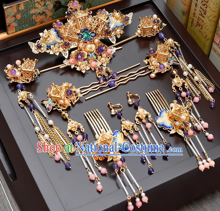 Traditional Handmade Chinese Ancient Classical Hair Accessories Xiuhe Suit Cloisonn Tassel Hairpin Step Shake Phoenix Coronet Complete Set, Hair Sticks Hair Jewellery Hair Fascinators for Women