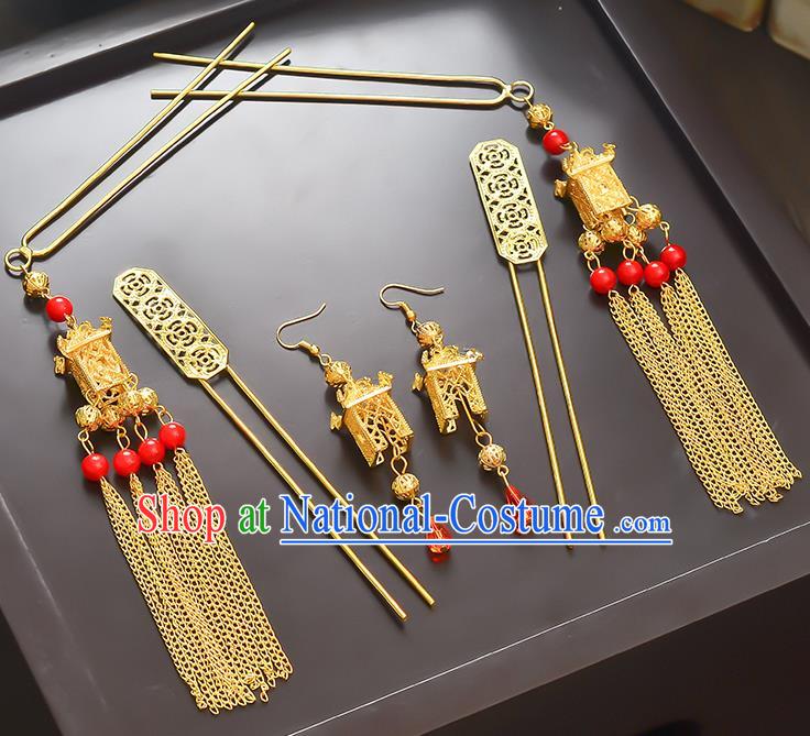 Traditional Handmade Chinese Ancient Classical Hair Accessories Xiuhe Suit Golden Tassel Hairpin Step Shake Complete Set, Hair Sticks Hair Jewellery Hair Fascinators for Women