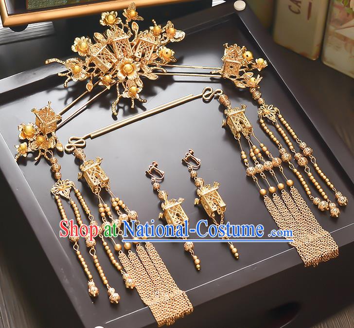 Traditional Handmade Chinese Ancient Classical Hair Accessories Xiuhe Suit Golden Tassel Hairpin Step Shake Phoenix Coronet Complete Set, Hair Sticks Hair Jewellery Hair Fascinators for Women