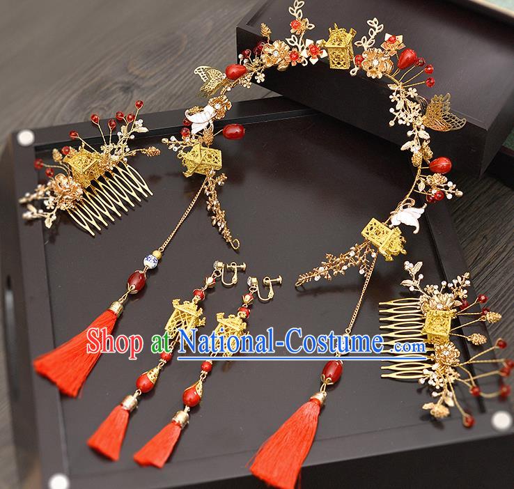 Traditional Handmade Chinese Ancient Classical Hair Accessories Xiuhe Suit Red Tassel Hairpin Step Shake Phoenix Coronet Complete Set, Hair Sticks Hair Jewellery Hair Fascinators for Women