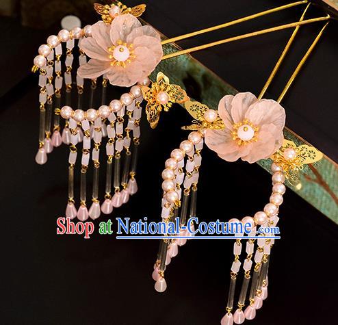 Traditional Handmade Chinese Ancient Classical Hair Accessories Barrettes Hanfu Hairpin Pink Flower Tassel Step Shake, Bride Hair Fascinators Hairpins for Women