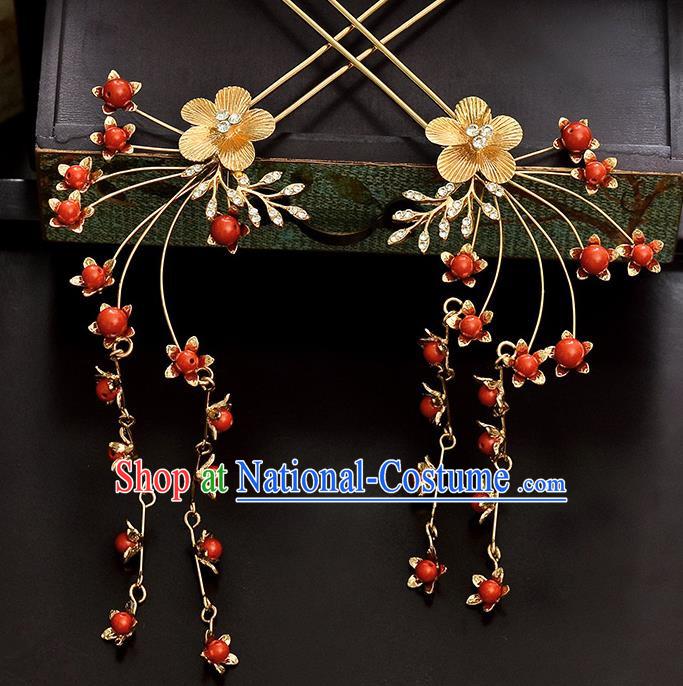 Traditional Handmade Chinese Ancient Classical Hair Accessories Barrettes Hanfu Hairpin Golden Flower Tassel Step Shake, Bride Hair Fascinators Hairpins for Women