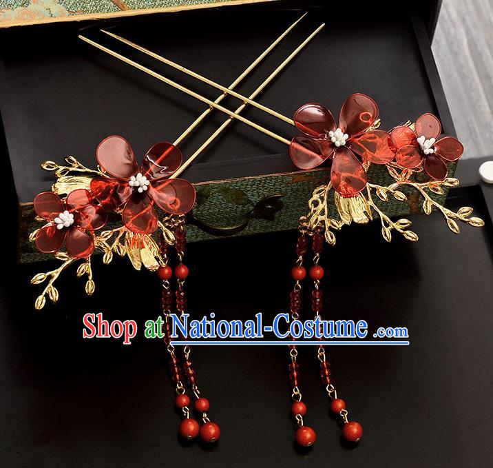 Traditional Handmade Chinese Ancient Classical Hair Accessories Barrettes Hanfu Hairpin Red Flower Tassel Step Shake, Bride Hair Fascinators Hairpins for Women