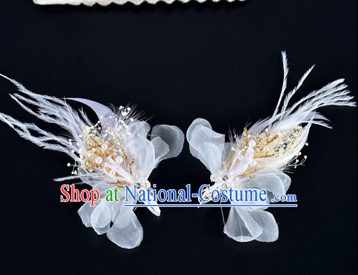 Top Grade Handmade Chinese Classical Hair Accessories Baroque Style Wedding White Feather Hair Sticks, Bride Hair Claw Hair Clasp for Women