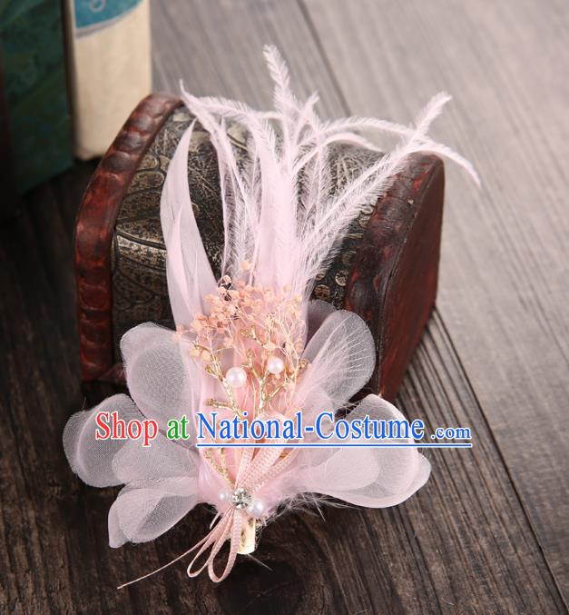 Top Grade Handmade Chinese Classical Hair Accessories Baroque Style Wedding Pink Feather Hair Sticks, Bride Hair Claw Hair Clasp for Women