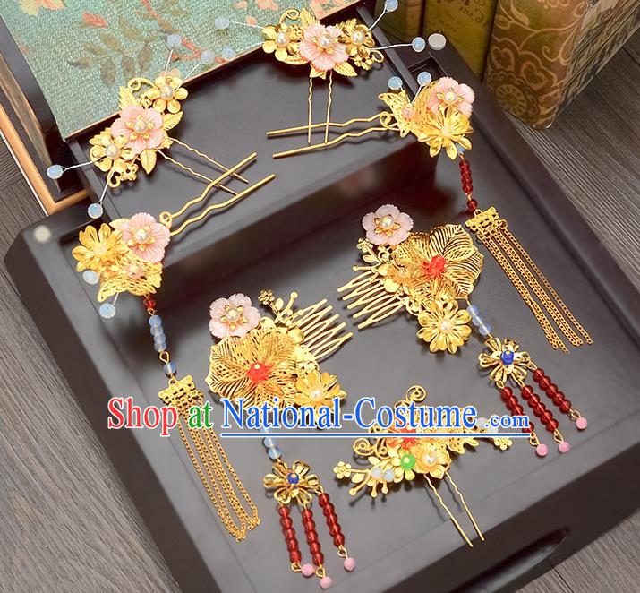 Traditional Handmade Chinese Ancient Classical Hair Accessories Xiuhe Suit Pink Shell Flowers Tassel Hairpin Phoenix Coronet Complete Set, Step Shake Hair Sticks Hair Jewellery Hair Fascinators for Women