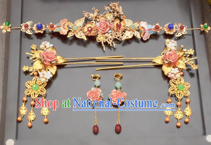 Traditional Handmade Chinese Ancient Classical Hair Accessories Xiuhe Suit Pink Flowers Tassel Hairpin Phoenix Coronet Complete Set, Step Shake Hair Sticks Hair Jewellery Hair Fascinators for Women