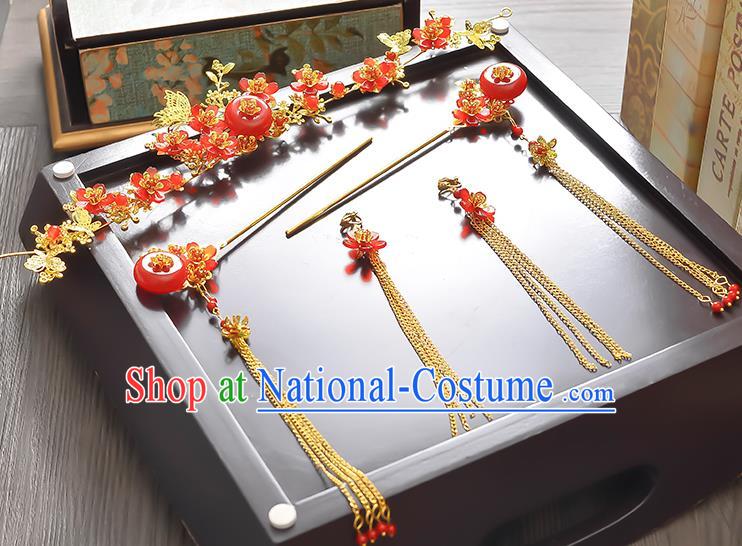 Traditional Handmade Chinese Ancient Classical Hair Accessories Xiuhe Suit Red Jade Tassel Hairpin Phoenix Coronet Complete Set, Step Shake Hair Sticks Hair Jewellery Hair Fascinators for Women