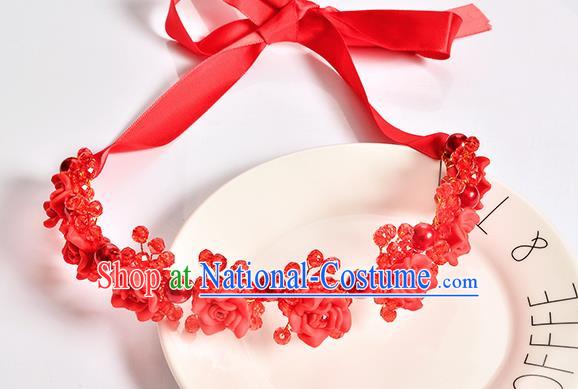 Top Grade Handmade Chinese Classical Hair Accessories Baroque Style Wedding Red Rose Flowers Headband Bride Hair Clasp for Women