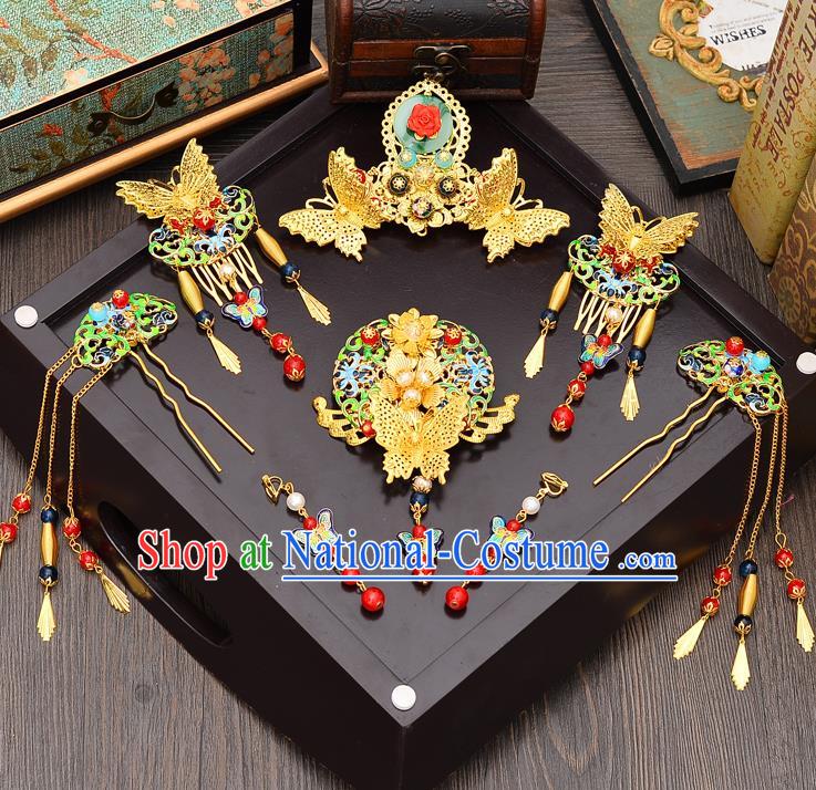 Traditional Handmade Chinese Ancient Classical Hair Accessories Xiuhe Suit Cloisonn Butterfly Hairpin Phoenix Coronet Complete Set, Step Shake Hair Sticks Hair Jewellery for Women