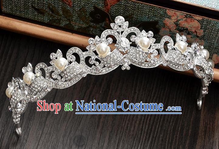 Top Grade Handmade Chinese Classical Hair Accessories Baroque Style CZ Diamond Pearls Wedding Royal Crown, Bride Princess Hair Jewellery Hair Clasp for Women