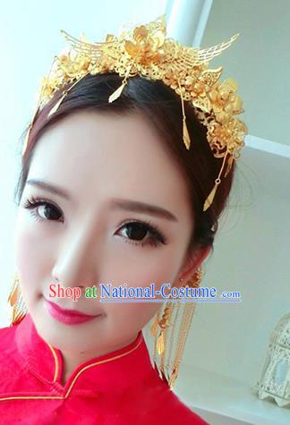 Traditional Handmade Chinese Ancient Wedding Hair Accessories Xiuhe Suit Golden Tassel Step Shake Phoenix Coronet Complete Set, Bride Hair Sticks Hair Jewellery for Women